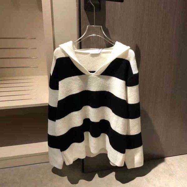 design high version 21 tide brand new v-neck striped navy cape korean loose knit sweater, White
design high version 21 tide brand new v-neck striped navy cape korean loose knit sweater, White