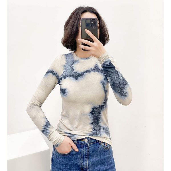 tees women's t-shirt cos2021 spring abstract printing round neck long sleeve slim elastic simple undercoat, White 
tees women's t-shirt cos2021 spring abstract printing round neck long sleeve slim elastic simple undercoat, White