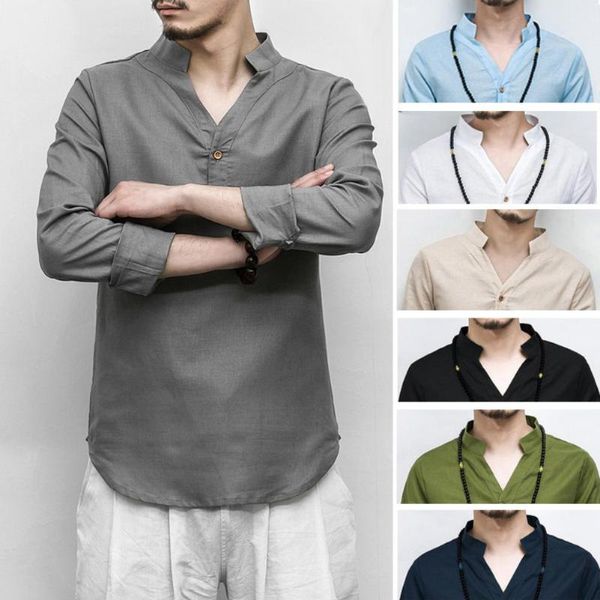 men's casual shirts vintage men solid color long sleeve v neck linen cotton button pullover shirt style loose all-match top, White;black
men's casual shirts vintage men solid color long sleeve v neck linen cotton button pullover shirt style loose all-match top, White;black