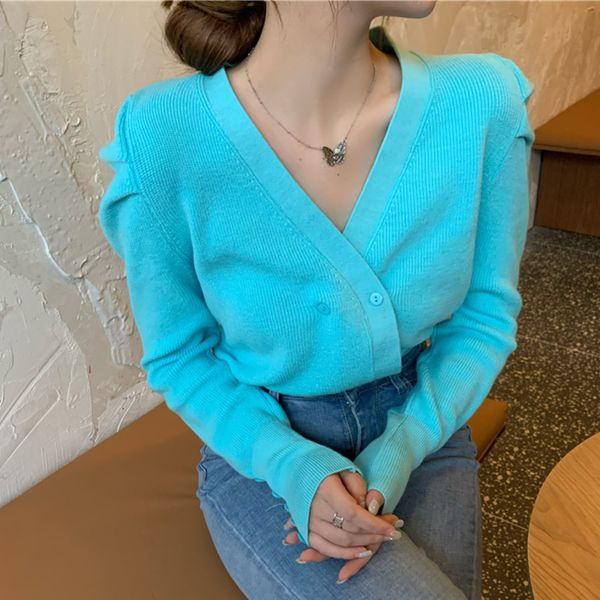 puff sleeve double breasted women thin ladies sweater korean cardigan blue short knitting coats spring autumn 2021, Black;brown
puff sleeve double breasted women thin ladies sweater korean cardigan blue short knitting coats spring autumn 2021, Black;brown