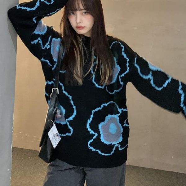 women's sweaters sweater 2021 clothing retro contrast color flower print pullover thickening warm long-sleeved women, White;black
women's sweaters sweater 2021 clothing retro contrast color flower print pullover thickening warm long-sleeved women, White;black