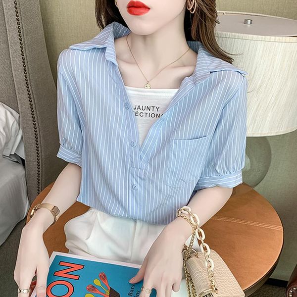 women's blouses & shirts striped shirt women 's summer 2021 french chic small thin fashion design short sleeve stitching top, White
women's blouses & shirts striped shirt women 's summer 2021 french chic small thin fashion design short sleeve stitching top, White