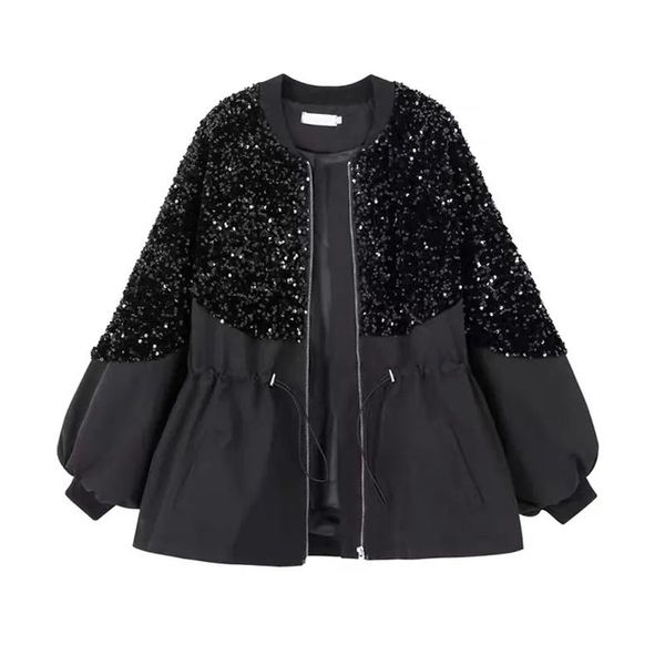 women's jackets street fashion sequins spliced jacket women 2021 spring long sleeve drawstring zip-up coat big size casual loose windbr, Black;brown
women's jackets street fashion sequins spliced jacket women 2021 spring long sleeve drawstring zip-up coat big size casual loose windbr, Black;brown