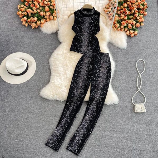 women's two piece pants fashion diamonds female pant sets o-neck sleeveless + high waist elastic silm pencil women suits, White
women's two piece pants fashion diamonds female pant sets o-neck sleeveless + high waist elastic silm pencil women suits, White