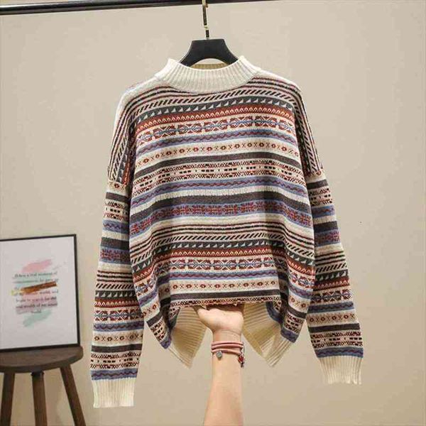 autumn winter womens ethnic sweaters style striped loose pullover half high collar inner female knit ll297, White;black
autumn winter womens ethnic sweaters style striped loose pullover half high collar inner female knit ll297, White;black