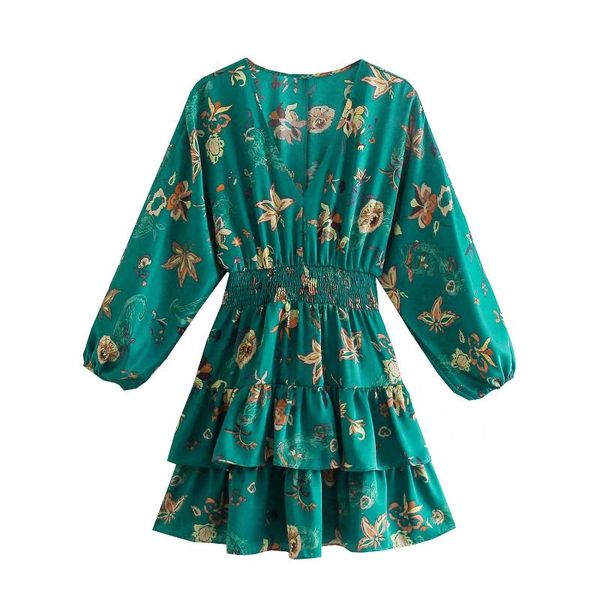 casual dresses pinkou women sweet floral mini dress v neck long sleeve double layered elastic waist green autumn vestido qa486, Black;gray