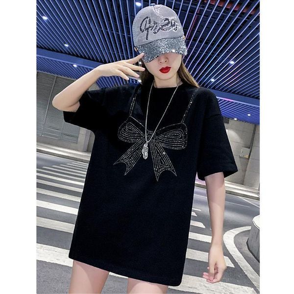 women's t-shirt summer bowknot diamonds t shirt loose korean anime drilling short sleeve top, White
women's t-shirt summer bowknot diamonds t shirt loose korean anime drilling short sleeve top, White
