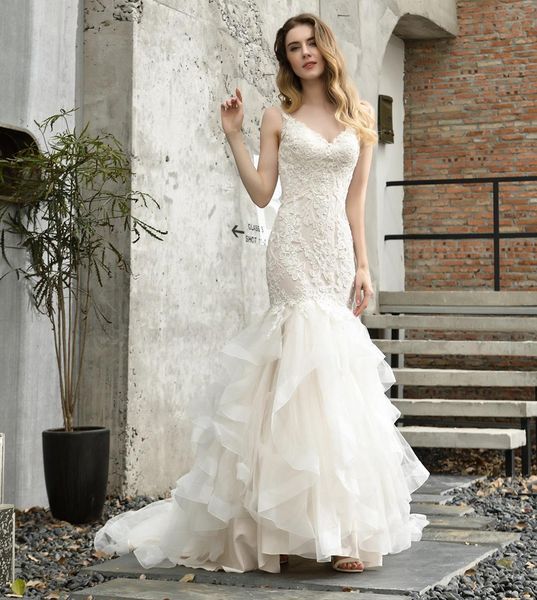 deep v neck lace appliqued mermaid wedding dress sweep train backless tulle plus size summer bridal gowns, White
deep v neck lace appliqued mermaid wedding dress sweep train backless tulle plus size summer bridal gowns, White