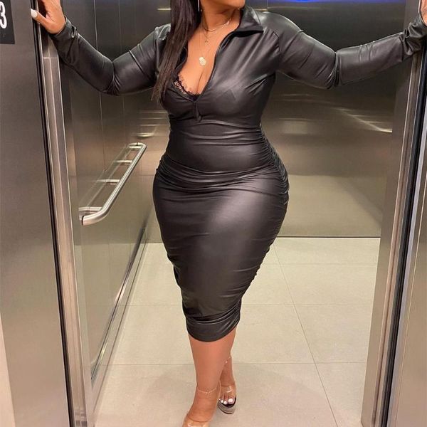 casual dresses skinny high waist midi dress solid color leather pleated bodycon female long sleeve zip up lapel neck wild clubwear, Black;gray
casual dresses skinny high waist midi dress solid color leather pleated bodycon female long sleeve zip up lapel neck wild clubwear, Black;gray