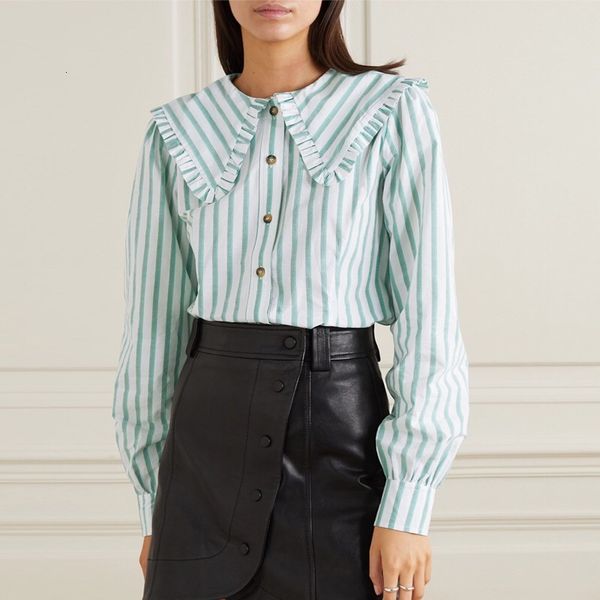 2021 spring and summer new long-sleeved single-breasted ruffled collar sweet wild striped shirt iice, White
2021 spring and summer new long-sleeved single-breasted ruffled collar sweet wild striped shirt iice, White