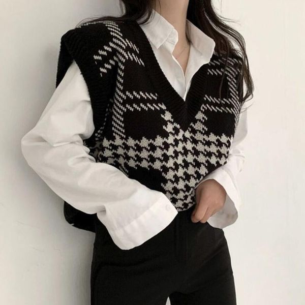 women's sweaters houndstooth vest pullover knitted 2021 autumn and winter loose korean outdoor sweater waistcoat, White;black
women's sweaters houndstooth vest pullover knitted 2021 autumn and winter loose korean outdoor sweater waistcoat, White;black
