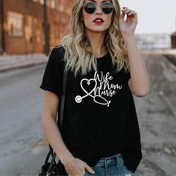 men wife mom nurse stethoscope mens print short sleeve o neck loose ladies causal tee, White;black
men wife mom nurse stethoscope mens print short sleeve o neck loose ladies causal tee, White;black