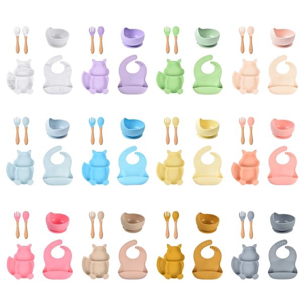 5 pcs baby silicone bibs squirrel divided dinner plate sucker bowl spoon fork set training feeding food utensil dishes tableware
5 pcs baby silicone bibs squirrel divided dinner plate sucker bowl spoon fork set training feeding food utensil dishes tableware
