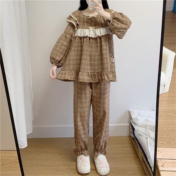 spring loose checkered pyjamas ruffles womens sleepwears plaid pajamas set long sleeve lace side casual vintage pjs homewear l168, Black;red
spring loose checkered pyjamas ruffles womens sleepwears plaid pajamas set long sleeve lace side casual vintage pjs homewear l168, Black;red