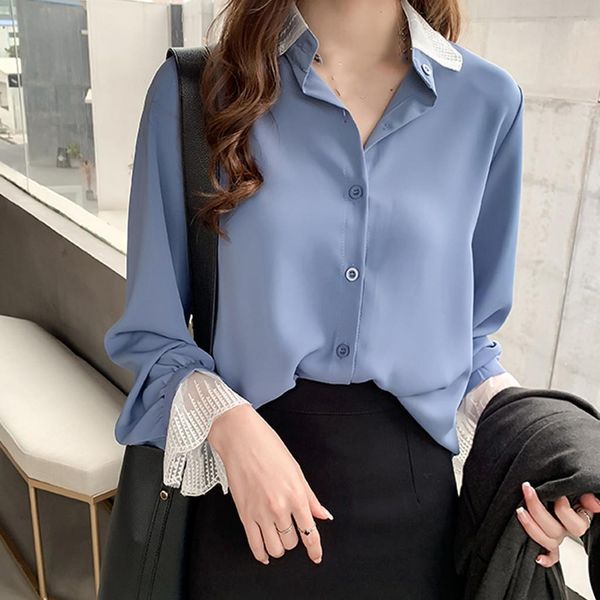women long lantern sleeve chiffon shirt lace spliced turn down collar solid casual vintage plus size blouse 2021 shirts, White
women long lantern sleeve chiffon shirt lace spliced turn down collar solid casual vintage plus size blouse 2021 shirts, White