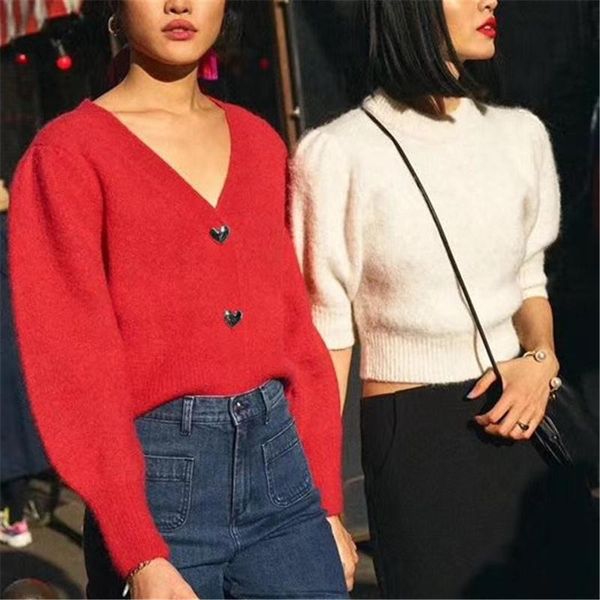 2021 spring autumn vintage sweater cardigans women's knitted v-neck puff sleeve red heart-shaped button casual sweet lady, White
2021 spring autumn vintage sweater cardigans women's knitted v-neck puff sleeve red heart-shaped button casual sweet lady, White