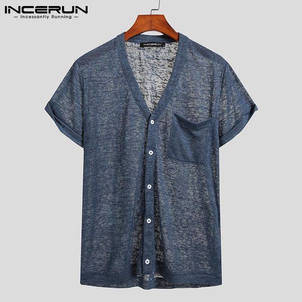 men's casual shirts summer men shirt v neck button see through short sleeve camisas hombre pockets 2021 streetwear thin s-5xl incerun, White;black
men's casual shirts summer men shirt v neck button see through short sleeve camisas hombre pockets 2021 streetwear thin s-5xl incerun, White;black