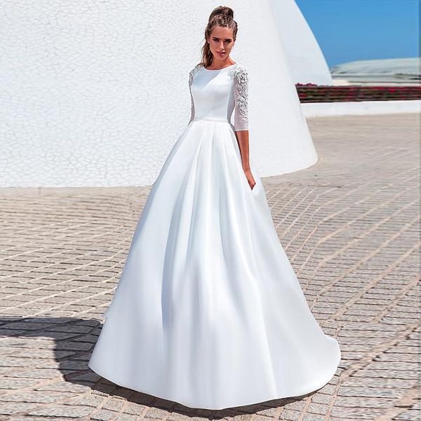 o-neck 3/4 sleeves beading applique satin a-line wedding dress with pleat belt sweep train lace-up bridal gown vestido de noiva, White
o-neck 3/4 sleeves beading applique satin a-line wedding dress with pleat belt sweep train lace-up bridal gown vestido de noiva, White