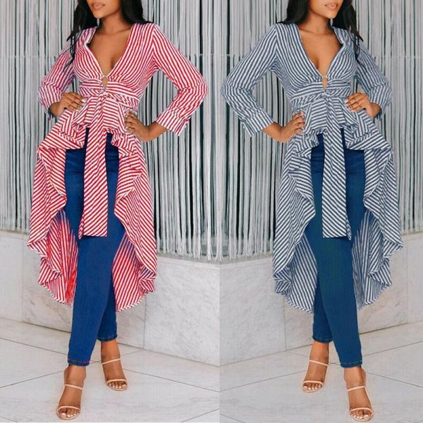 women long sleeve v neck asymmetrical waterfall shirts dress autumn female striped v neck lace up plus size blouse, White 
women long sleeve v neck asymmetrical waterfall shirts dress autumn female striped v neck lace up plus size blouse, White