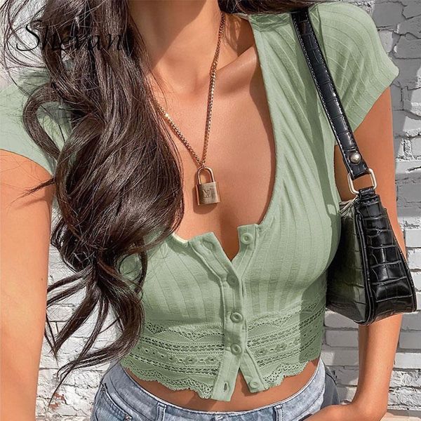 button crop women ribbed knit korean style short sleeve 2021 fashion casual green summer women, White
button crop women ribbed knit korean style short sleeve 2021 fashion casual green summer women, White