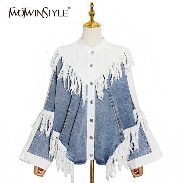 twotwinstyle patchwork tassel denim jacket for women lapel long sleeve streetwear coat female fashion new clothing autumn 201013, Black;brown
twotwinstyle patchwork tassel denim jacket for women lapel long sleeve streetwear coat female fashion new clothing autumn 201013, Black;brown