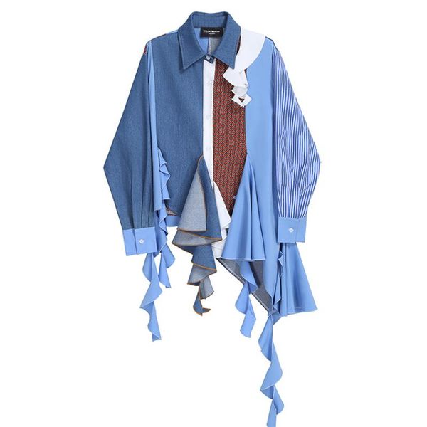 women's blouses & shirts women irregular striped ruffles shirt dress denim stitching pleated cardigan turn down collar single-breasted, White
women's blouses & shirts women irregular striped ruffles shirt dress denim stitching pleated cardigan turn down collar single-breasted, White