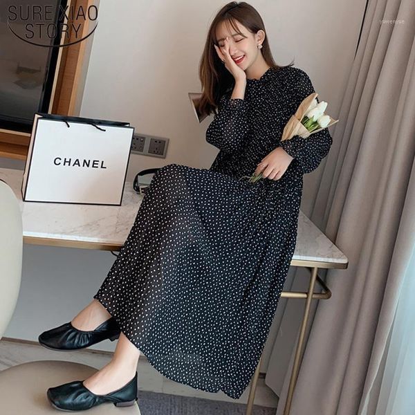 casual dresses autumn 2021 fashion pleated dress women chifoon winter dot flare sleeve long mid-calf 7157 50, Black;gray