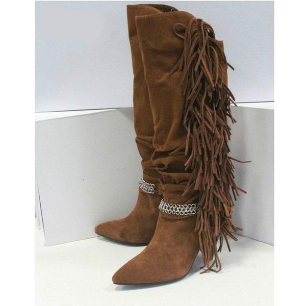 boots tassels suede pointed toe ladies metal chains high heeled slip-on spike heel knee pleated flock winter, Black
boots tassels suede pointed toe ladies metal chains high heeled slip-on spike heel knee pleated flock winter, Black