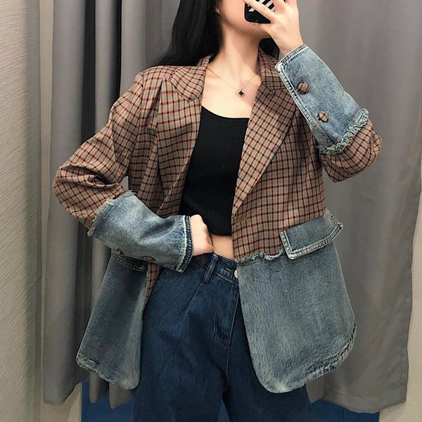 women's jackets sitruuna 2021 spring autumn women loose korean denim coat lady plaid matching suit jacket female splice work, Black;brown
women's jackets sitruuna 2021 spring autumn women loose korean denim coat lady plaid matching suit jacket female splice work, Black;brown