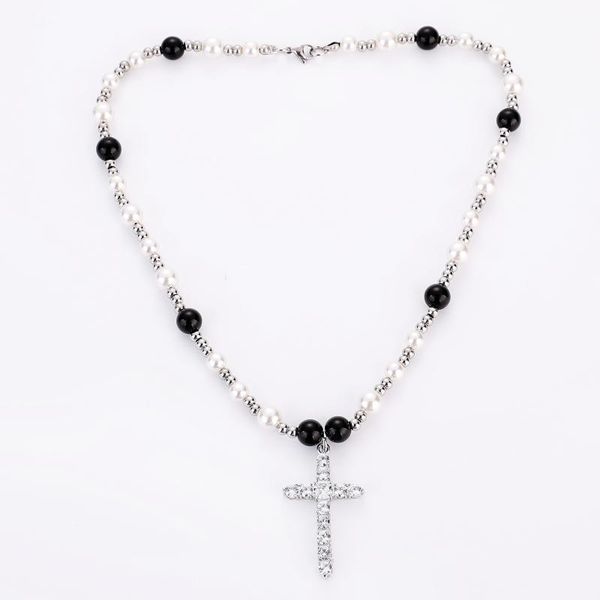 chains fashion black and white round bead necklace crystal all-match cross pendant for men women, Silver
chains fashion black and white round bead necklace crystal all-match cross pendant for men women, Silver