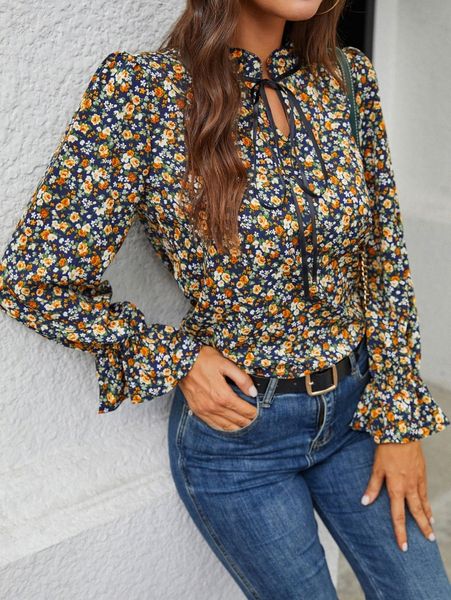 ditsy floral print tie neck flounce sleeve blouse 55db#, White
ditsy floral print tie neck flounce sleeve blouse 55db#, White