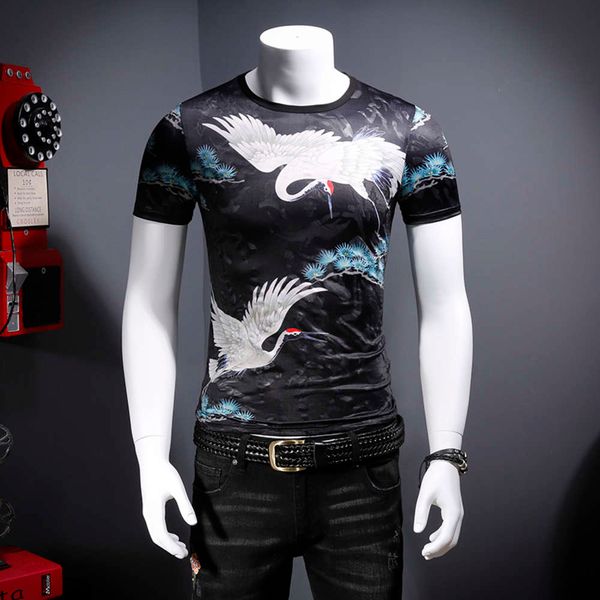 summer short sleeve t-shirt men's trendy slim round neck hollow out bird crane print ice silk half sleeve top, White;black 
summer short sleeve t-shirt men's trendy slim round neck hollow out bird crane print ice silk half sleeve top, White;black