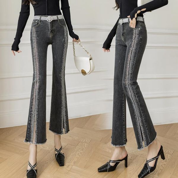 women's jeans with belt side beaded stretch women plus size vintage high waist front split ripped denim pants skinny flare trouser femm, Blue
women's jeans with belt side beaded stretch women plus size vintage high waist front split ripped denim pants skinny flare trouser femm, Blue