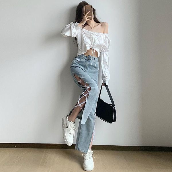 women's jeans 2021 spring and summer european american side slit irregular high waist lace-up straight slim pants, Blue
women's jeans 2021 spring and summer european american side slit irregular high waist lace-up straight slim pants, Blue