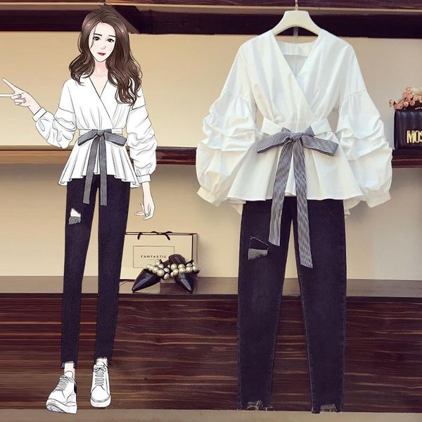 women's tracksuits plus size 2021 spring summer pants set women lantern sleeve v neck white belt shirt + jeans pencil hole trouser suit, Gray
women's tracksuits plus size 2021 spring summer pants set women lantern sleeve v neck white belt shirt + jeans pencil hole trouser suit, Gray