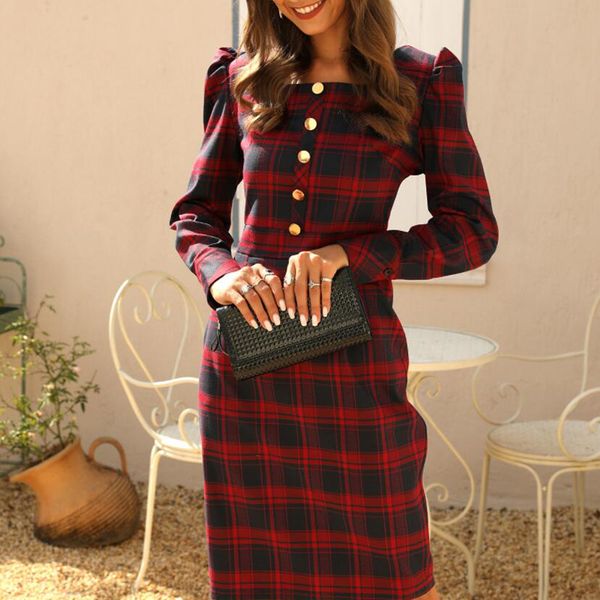 red plaid dress square neck christmas elegant female long sleeve dress puff sleeve slim pencil dress, Black;gray
red plaid dress square neck christmas elegant female long sleeve dress puff sleeve slim pencil dress, Black;gray