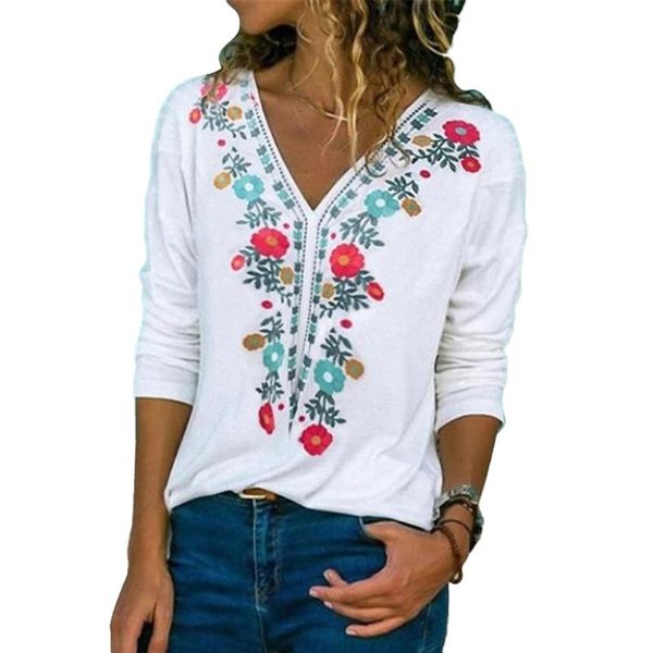 women's t-shirt women loose casual floral embroidery v neck t-shirts long sleeve offiec lady, White
women's t-shirt women loose casual floral embroidery v neck t-shirts long sleeve offiec lady, White