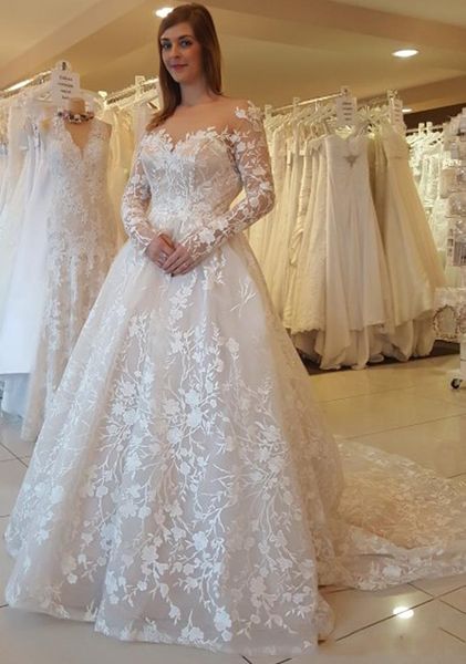 scoop neck long sleeves a line lace wedding dresses appliqued backless sweep train tulle bridal gowns plus size, White
scoop neck long sleeves a line lace wedding dresses appliqued backless sweep train tulle bridal gowns plus size, White