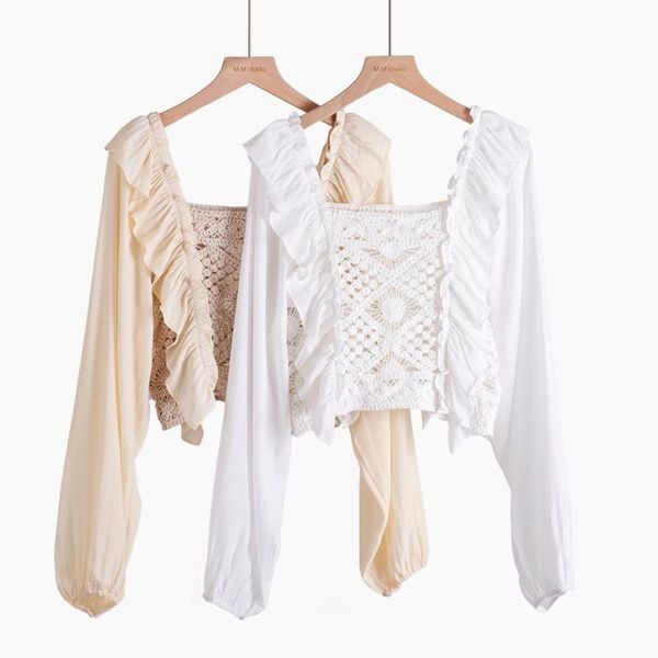 women's blouses & shirts square collar long-sleeve ruffles short crochet hollow patchwork casual women blusas de mujer t2089, White
women's blouses & shirts square collar long-sleeve ruffles short crochet hollow patchwork casual women blusas de mujer t2089, White