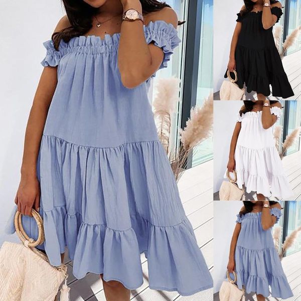 casual dresses woman summer lace slash collar solid color ruffles loose hem off shoulder wave pleated knee-length dress, Black;gray
casual dresses woman summer lace slash collar solid color ruffles loose hem off shoulder wave pleated knee-length dress, Black;gray
