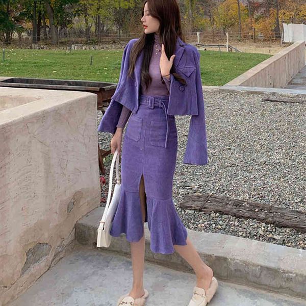 two piece dress vintage corduroy women sets elegant blazer short jacket autumn korean belt high waist ladies purple mermaid skirt, White
two piece dress vintage corduroy women sets elegant blazer short jacket autumn korean belt high waist ladies purple mermaid skirt, White