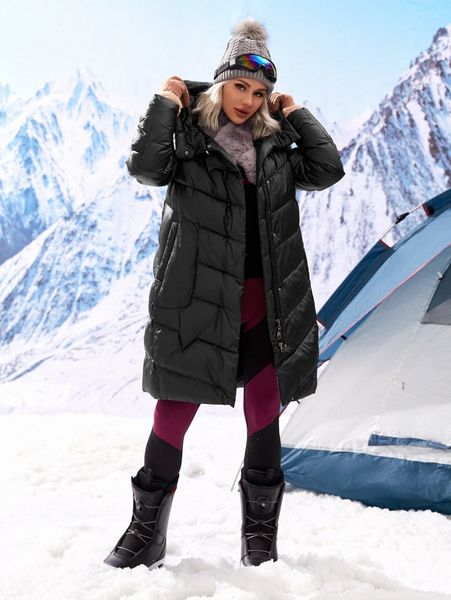 slant pockets hooded puffer coat q5xw#, Black
