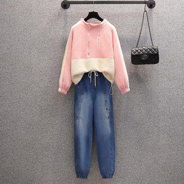 women's two piece pants make spot large size ladies' winter fashion splicing fleece beam jeans two-piece foot, White
women's two piece pants make spot large size ladies' winter fashion splicing fleece beam jeans two-piece foot, White