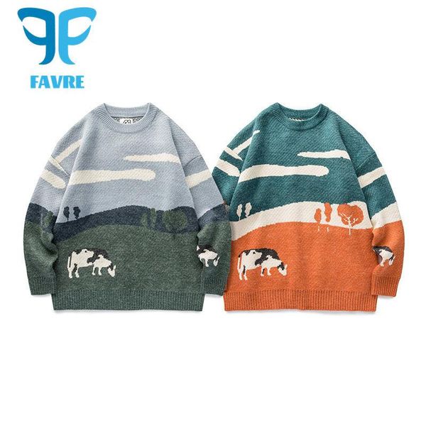 men's sweaters favre couple pullovers men cow prairie jacquard knitted sweater autumn and winter korean loose round neck jumpers, White;black
men's sweaters favre couple pullovers men cow prairie jacquard knitted sweater autumn and winter korean loose round neck jumpers, White;black