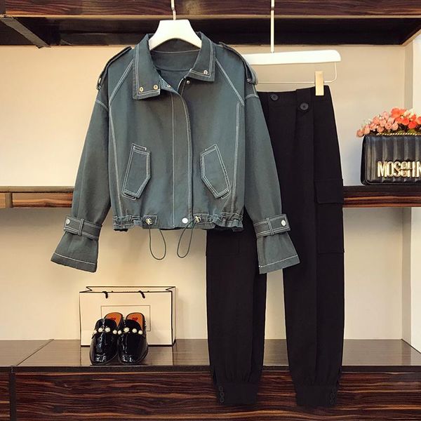 women's two piece pants suit female large size drawstring solid color loose zipper tooling denim jacket black trousers pieces of clothi, White
women's two piece pants suit female large size drawstring solid color loose zipper tooling denim jacket black trousers pieces of clothi, White