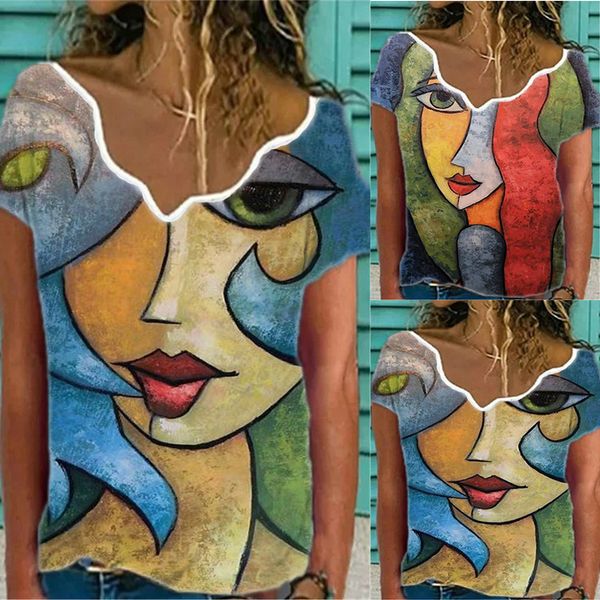 2021 women's abstract printing short sleeve t-shirt, White 
2021 women's abstract printing short sleeve t-shirt, White