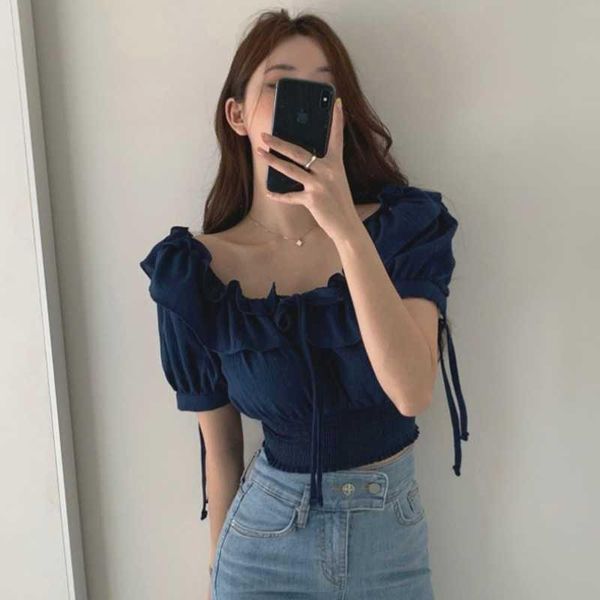 women's blouses & shirts chic korea slash neck pleated lace up ruffles short chiffon blouse women puff sleeve slim waist blusas mu, White