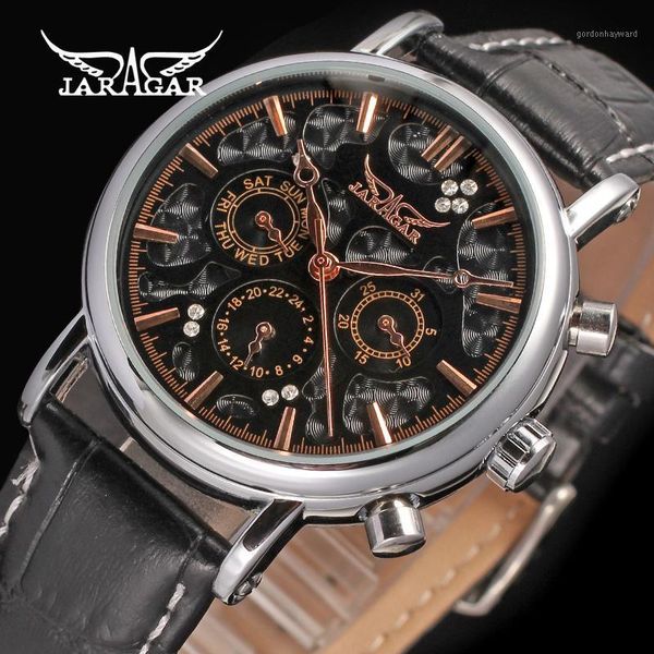 jaragar 2021 obscure swirl fashion 3 dial design diamond black golden genuine leather men watch automatic wristwatches, Slivery;brown
jaragar 2021 obscure swirl fashion 3 dial design diamond black golden genuine leather men watch automatic wristwatches, Slivery;brown