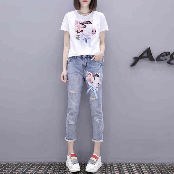 women's two piece pants comelwomen's cartoon t-shirt, trendy jeans sequins pig print sequins, short-sleeve t-shirt + with holes in, White
women's two piece pants comelwomen's cartoon t-shirt, trendy jeans sequins pig print sequins, short-sleeve t-shirt + with holes in, White