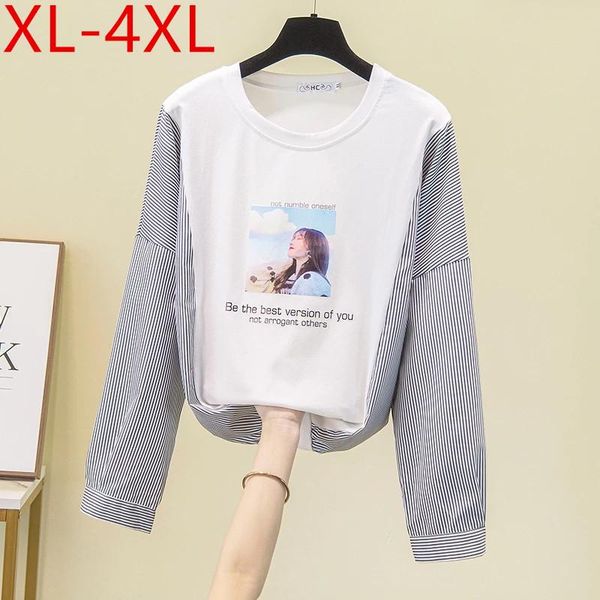 plus size t-shirt 4xl women spring autumn o neck long sleeve large letter print patchwork stripe loose casual tees, Black
plus size t-shirt 4xl women spring autumn o neck long sleeve large letter print patchwork stripe loose casual tees, Black